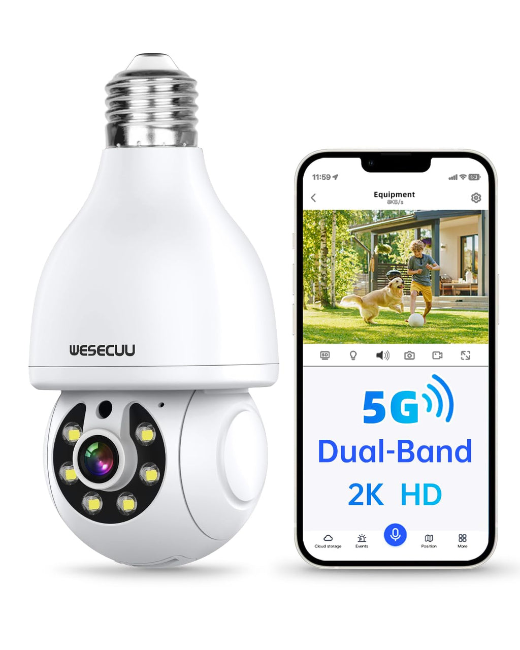 WESECUU Light Bulb Security Camera, 2.4G/5G WiFi, Wireless Outdoor, 2-Way Talk, Human Detection, Color Night Vision, Compatible with Alexa,