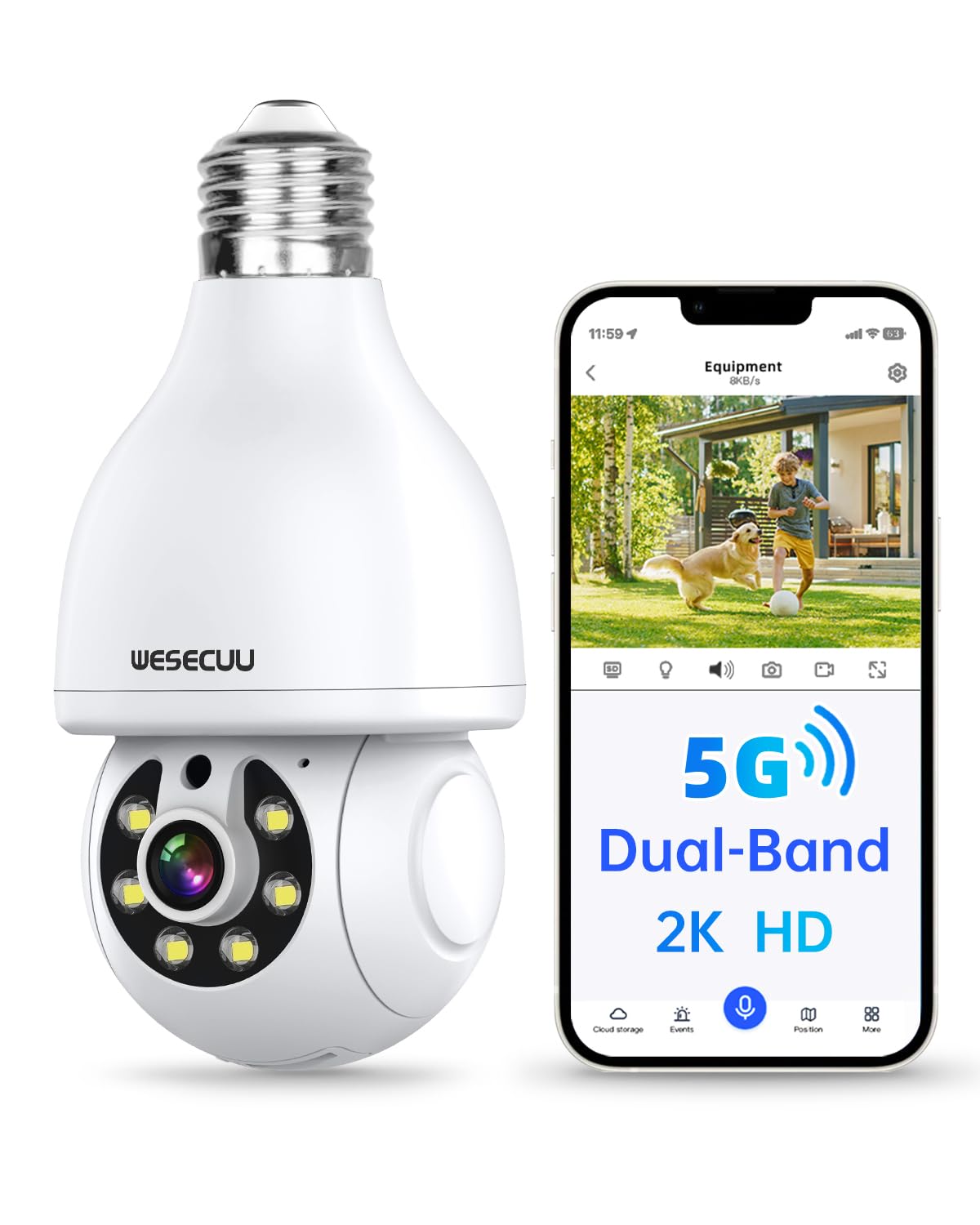 WESECUU Light Bulb Security Camera, 2.4G/5G WiFi, Wireless Outdoor, 2-Way Talk, Human Detection, Color Night Vision, Compatible with Alexa,