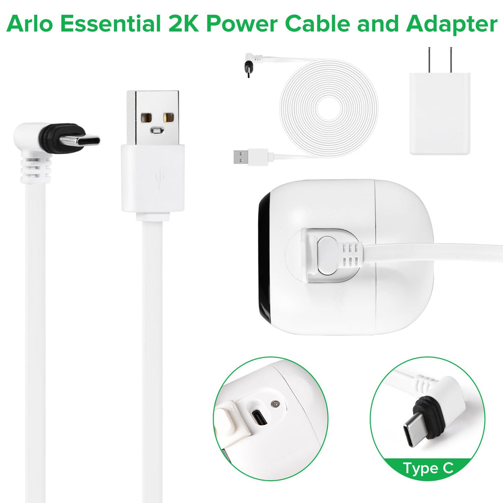 ALERTCAM 2Pack 25FT Weatherproof Power Cable for Arlo Essential 2K Outdoor Security Camera - Flat Charging Cord, White