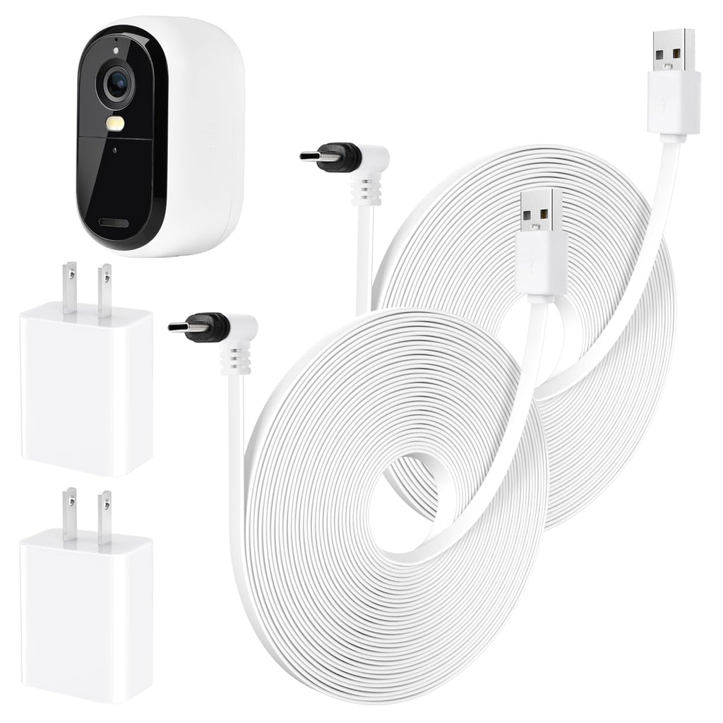 ALERTCAM 2Pack 25FT Weatherproof Power Cable for Arlo Essential 2K Outdoor Security Camera - Flat Charging Cord, White